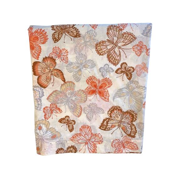 Vintage 70s Burlington Amari Butterflies Queen Flat Sheet Orange Brown - Picture 1 of 9